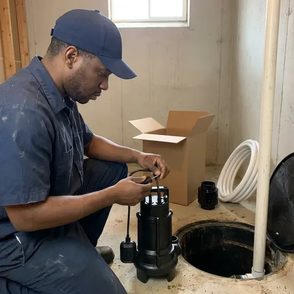 CKV Plumbing technician providing basement sump pump installation in Burlington, VT